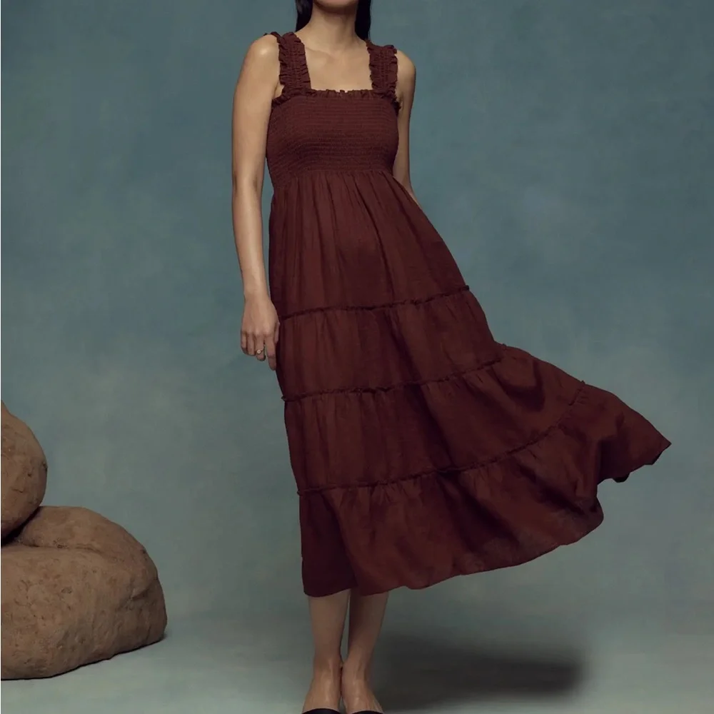 QUINCE european linen smocked midi dress chocolate brown nap dress size XL - Picture 5 of 15